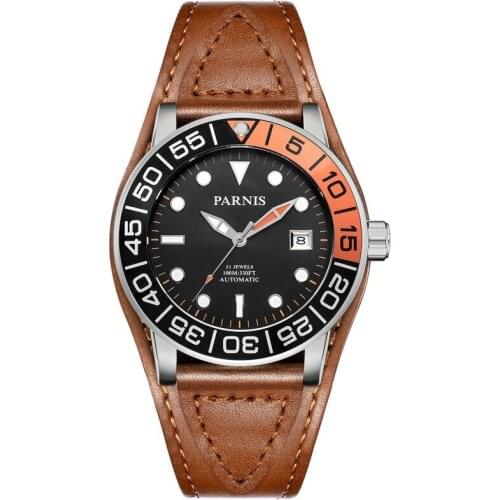 Parnis VOYAGE Seriers Mens Leather Watchband Fashion Automatic Auto-Wind Mechanical Watch Wristwatch