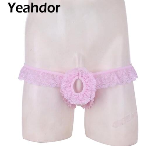 Mens Sissy Lingerie Panties Lace Frilly Sissy Panties Crotchless Open Back Briefs Underpants with Open Hole Erotic Underwear