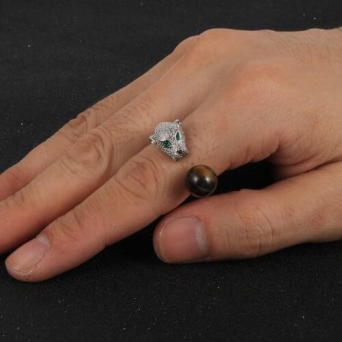 Men Women Natural Stone Tiger Eye Lapis Lazuli Finger Ring Turquoises Onyx Leopard Head Animal Silver-Plate Open Rings Jewelry