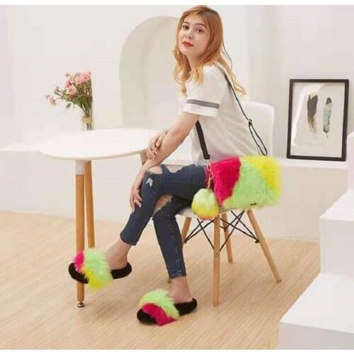 New Design Winter Furry Faux Fur Slides Fake Fur Bag Set Rainbow Women Cotton Slippers Lady Colorful Plush Sandals Fluffy Ball