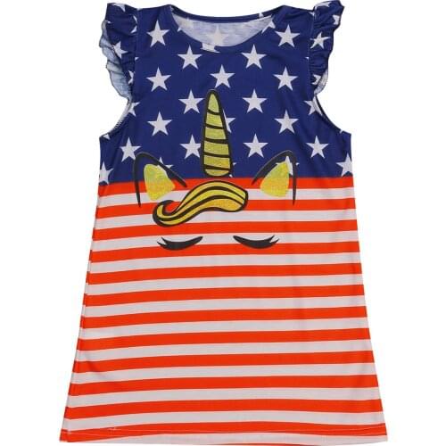Kids Independence Day Dress, Cartoon Star Stripe Print O-Neck Flying Sleeves Casual Skirt for Girls, 1-6 Years