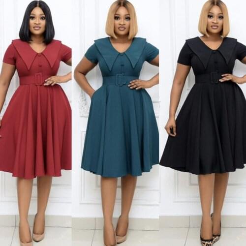 Women Summer Solid Color A-Line Dresses Robe Femme Single-Breasted Belt Turn-down Collar Slim Dress For Woman Vestido De Mujer