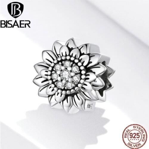 BISAER Retro Sunflower Charms 925 Sterling Silver you are my sunshine Beads Fit DIY Bracelet Necklace For Women Jewelry ECC1507