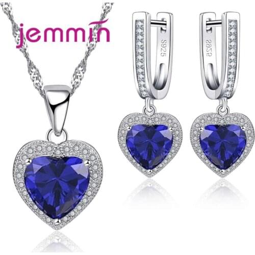 Luxury Women Sapphire Jewelry Necklace Earrings Sets Elegant Heart Design for Women Wedding 925 Sterling Silver Bijoux
