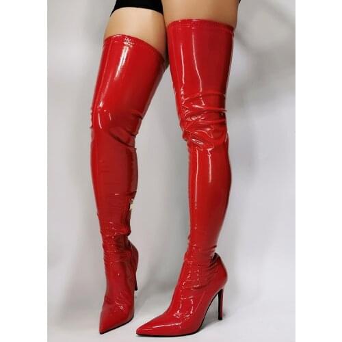 Western Red Shiny Leather Warm Stocking Boots Women High Heel Shoes For Pole Dance Stripper Zipper Crotch Booties Size 44 45 46