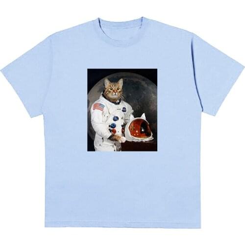TOPESKO Summer Astronaut Cat Spaceman Casual Plus Size Punk T-shirt Men Loose Casual Cotton Tee Tops Anime Funny Shirt