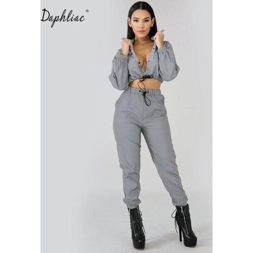 Streetwear Reflective 2 Piece Outfits For Women Hip Hop Club Crop Top and Pants Sexy Long Sleeve Short Joggers Tracksuit Suit