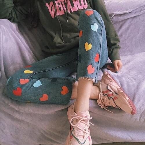 Colorful Heart Print Womens Jeans Autumn Streetwear 90s Blue High Waisted Baggy Trousers Harajuku Mom Denim Pants Vaqueros Mujer