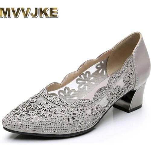MVVJKE 2020New Spring And Summe Pointed Fashion Shoes Cowhide Rhinestone Mesh Sandals Women Shoes Elegant Comfortable High Heel