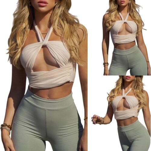 Women Sexy Hollow Out Vest, Apricot Solid Color Halter Neck Sleeveless Crop Tops, S/ M/ L