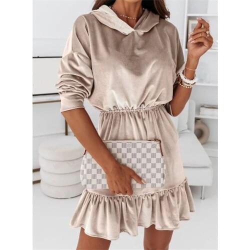 Women Robe Femme Autumn Winter Solid Color A-Line Dress Ruffles Long Sleeve Elastic Waist Velvet Warm Dress For Woman Vestidos