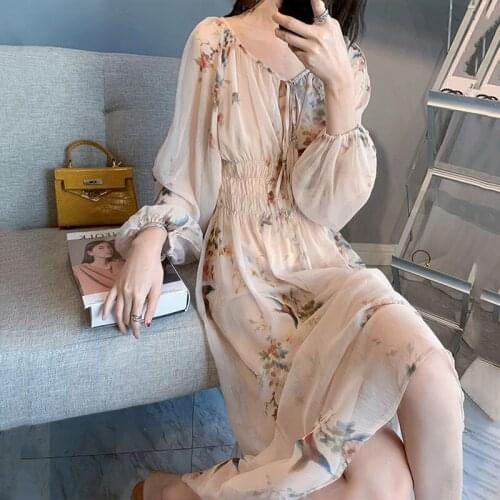 Women Long Dress Spring Autumn Puff Sleeve Elegant Ladies Print V-Collar Dresses Party Vacation Style Clothes for Woman