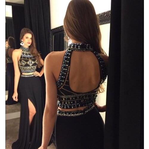 Mermaid Two Deices robe de soiree 2018 New sexy backless Beads Crystal Black Long Chiffon Formal Prom Gowns bridesmaid dresses