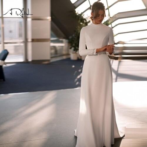 ADLN High Collar Arabic Long Sleeves Wedding Dresses Robe de Mariee Saudi Arabia Muslim Beaded A-line Bridal Gown