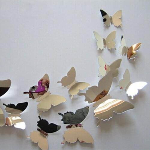 12Pcs/lot New Arrive Mirror Sliver 3D Butterfly Wall Stickers Party Wedding Decor DIY Home Decorations for Kids Rooms Adhesive