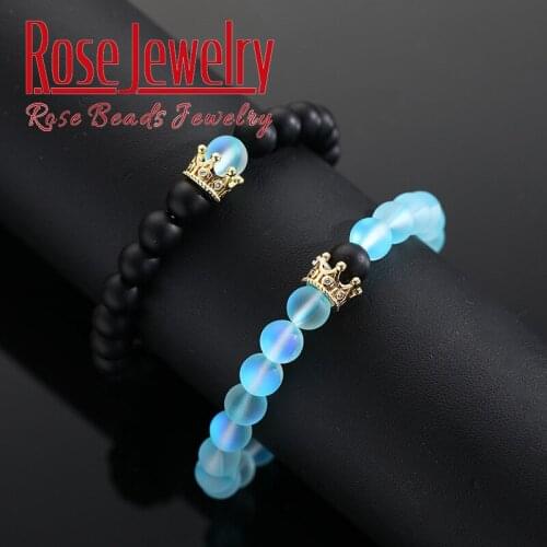 New 2Pc Natural 8mm Stone Beads Couple Bracelets Fashion gold silver color for Women Micro Pave CZ Crown Charm Bracelet Jewelry