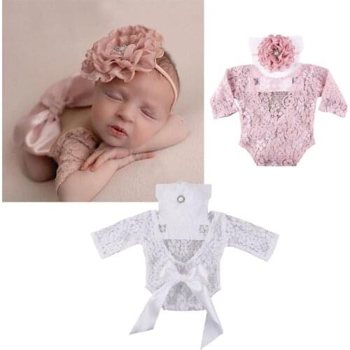 Baby Lace Romper+Headband Set Newborn Photography Props Bodysuit Jumpsuit with Headdress Infants Photo Shooting Outfits