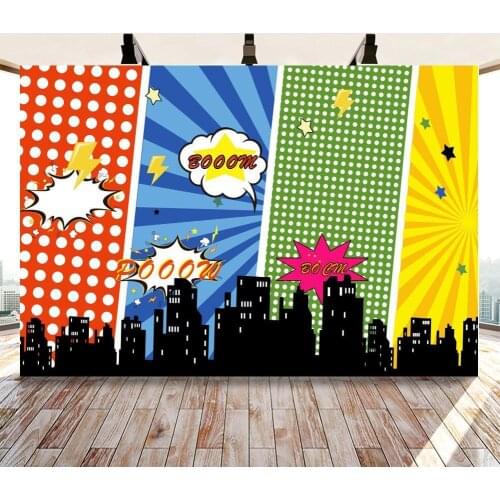 Colorful White Dots Night City View Cartoon Photography Background Super Heros Boom Kids Birthday Party Decor Backdrops Photo