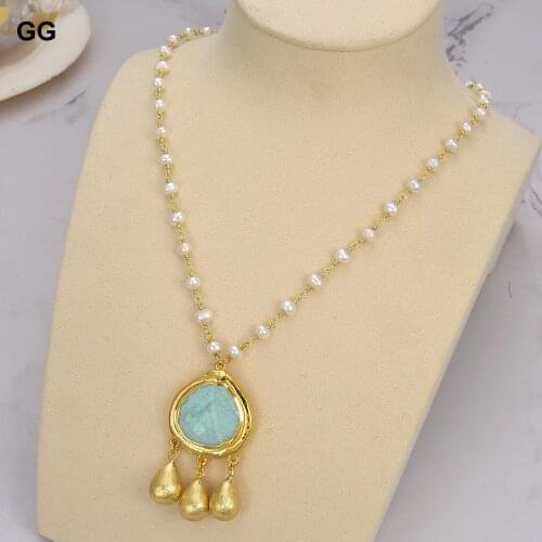 GG Jewelry Natural Freshwater White Pearl Necklace Blue Amazonite Pendant necklace 18" for women