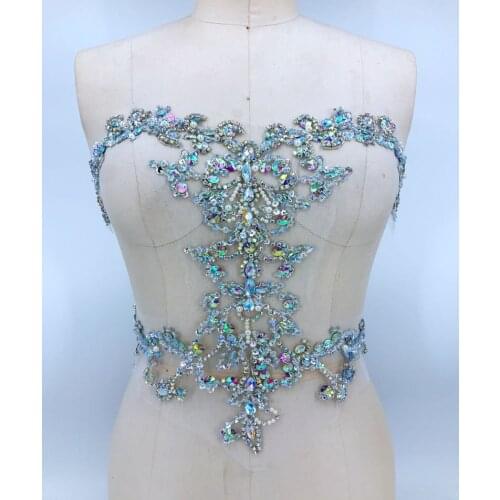 Beautiful Colorful Rhinestone Beaded Mesh Applique Crystal Bridal Motif Applique Bodice Patches 1 Piece