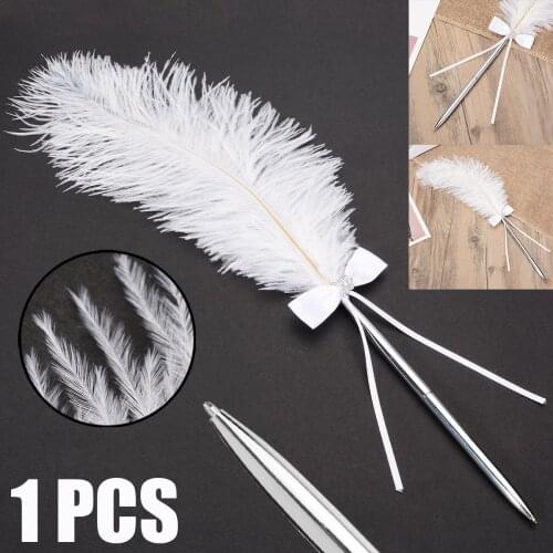 Mayitr 1pc Fashion Feather Bowknot Wedding Signing Pen Guest Book Sign White Vintage Quill Pens for Party Wedding Supplies
