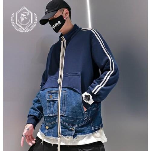 Men Fashion Loose Solid Safari Style Jacket Casual Asymmetry Patchwork Hip Hop Coat