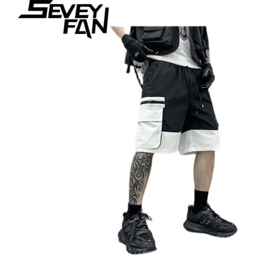 SEVEYFAN Mens Hip Hop Cargo Shorts Big Pocket with Ribbon Fashion Street Loose Shorts for Male
