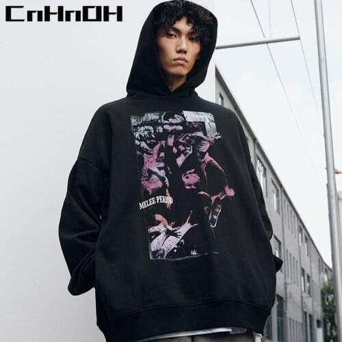 CnHnOH New Arrival Long Sleeve Winter Oversize Plus Velvet Melee Period Photo Loose Hoodies Shoulder Round Neck Men 9839
