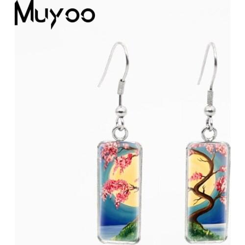 New Arrival Vintage Painting Moon Cherry Blossom Tree of Life Fuji Mountain Print Rectangle Handcraft Jewelry Fish Hook Earrings