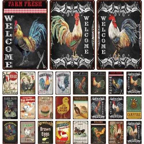 Chicken Tin Signs Vintage Metal Poster Vintage Fresh Eggs Farmhouse Farm Wall Art Decor Rooster Retro Metal Plaque