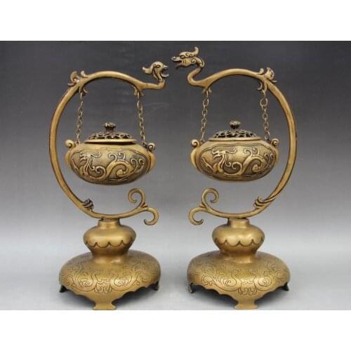 15Chinese Royal Palace Brass Dragon Phoenix Hang Incense Burner Censer A pair