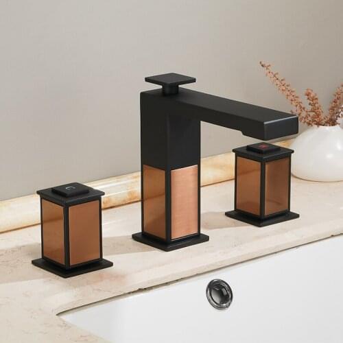 Luxury Black Rose Gold Brass square Bathroom Sink Faucet Art Basin Mixer Taps three holes Lavatory Faucet--SM545