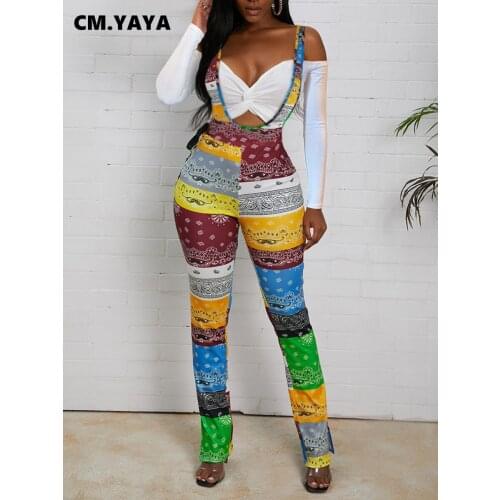 CM.YAYA Bandanna Print Women Slit Flare Overall Pants Leggings High Waist Flare Bell Bottom Trousers Draped Jogger Sweatpants