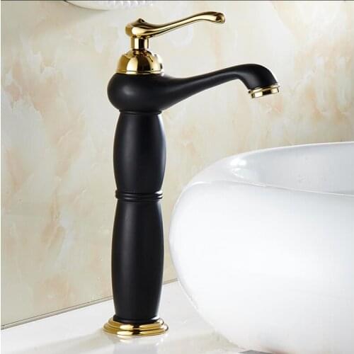 Vidric Basin Faucet Black and Gold Brass Lamp Shape Bathroom Sink Faucet Single Handle Hole Deck Vintage Wash Hot Cold Mixer Tap