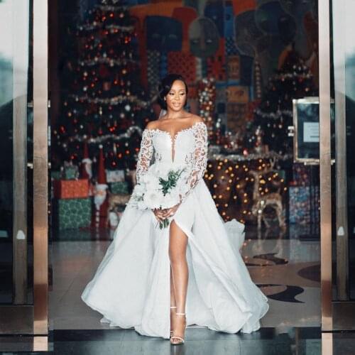 African Long Sleeves Wedding Dresses Detachable Train Lace Appliqued Bead Plus Size Wedding Gowns High Split Vestidos De Novia