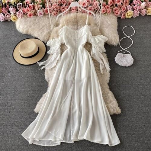 Woherb Summer Sexy Spaghetti Strap Dress Women White Bandage Sleeve High Waist Off Shoulder Vestidos Female Beach Party Robe