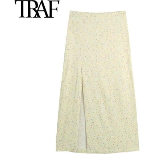 TRAF Women Chic Fashion Front Vents Printed Midi Skirt Vintage High Waist Side Zipper Female Skirts Mujer