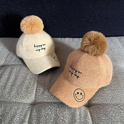 Baseball Hat Ladies Autumn Winter New Suede Hat Simple Personality Winter Smiley Big Hair Ball Duck Hat Free Shipping