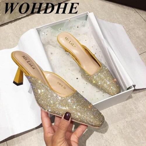 WOHDHE Women High Heels Shoes Designer Round Toe Sandals Ladies Slipper Spike Heel Shoes Korean Style Chain Bling-bling New New