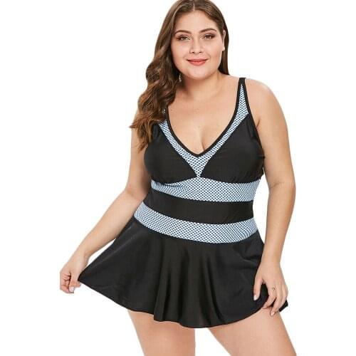 Wipalo Women Plus Size 5XL Contrast Skirted Beach Set Plunging Neck Patchwork Casual Summer Swim Wear 2019 Holiday Bathing Suit