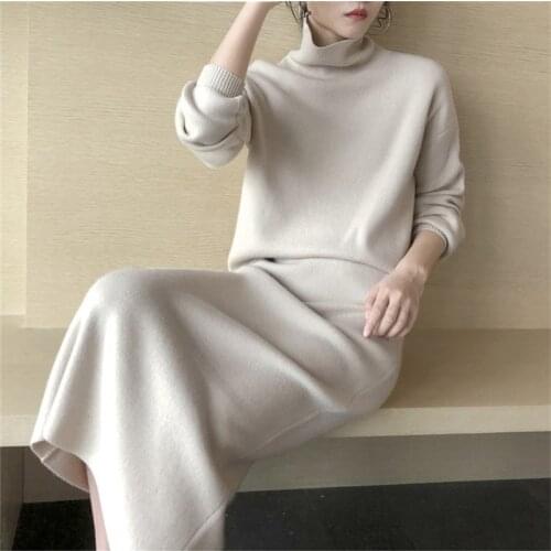Female Soft Warm Elegant OL Suit Sungtin Spring 2 Piece Knitted Set Women Turtleneck Sweater Pullover & Elastic High Waist Skirt