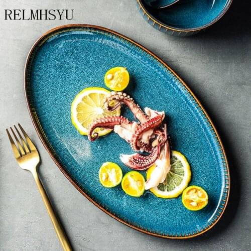 1PC Nordic Style 12 Inch Ceramic Home Personality Fish Fruit Salad Oval Restaurant Long Dinner Plate Dish Tableware