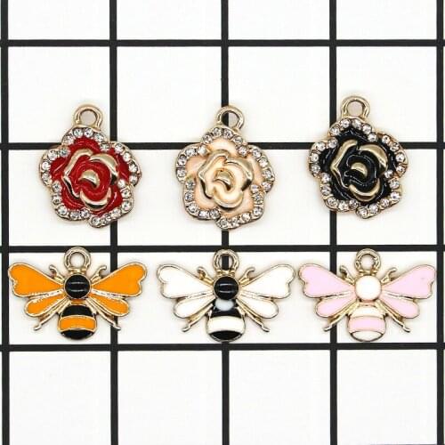 10pcs/lot 15*23mm Gold Color Bee Enamel 16mm Flower Charms for bracelet Necklace DIY Fashion Jewelry Finding XL963
