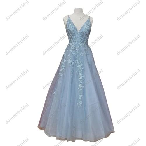 2022 Modern Light Baby Blue V neck Lace Aline Cheap Prom Formal Evening dresses with Spaghetti Straps Wedding Guest Party Dress