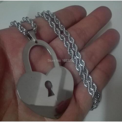 Daily Deals Large 2.2'' Stainless Steel Lock Heart Pendant Necklace + 4mm 22'' Rope Chain For Men Gifts