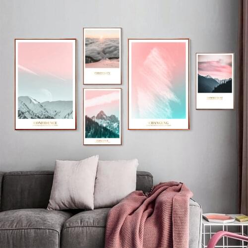 Pink Snow Mountain Scenery Picture Nordic Home Decor Canvas Painting Wall Art Fog Forest Landscape Decor Print for Living Room