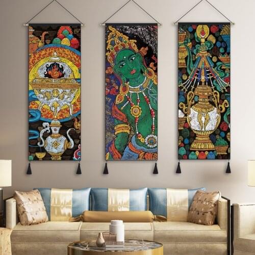 Tibetan Style Canvas Scroll Paintings Hanging Tapestry Bedroom Art Poster for Home Decorative Ethnic Wall Decor Painting