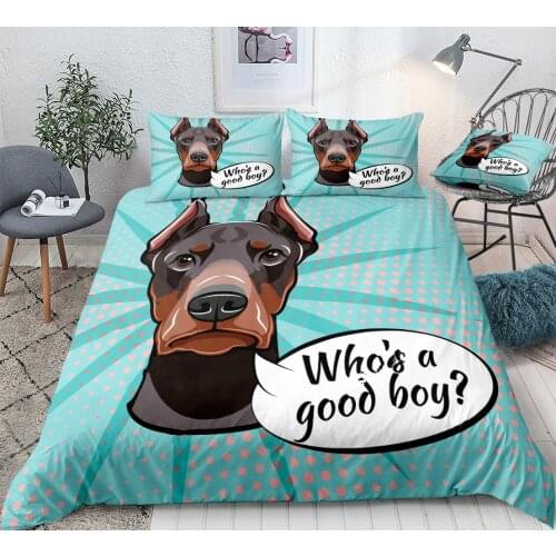 Dog Duvet Cover Set Face of Doberman on Blue Pink Background Quilt Cover Animal Queen Home Textiles Pet 3pcs Kids Teens Dropship