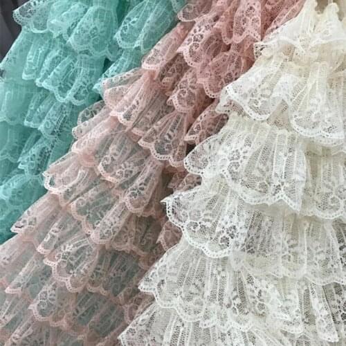 1 Yard Ivory White / Mint Green / Peach Pink Ruffled Lace Fabric Layered Gauze Lace Scalloped Edging Pleated Fabric For Tutu