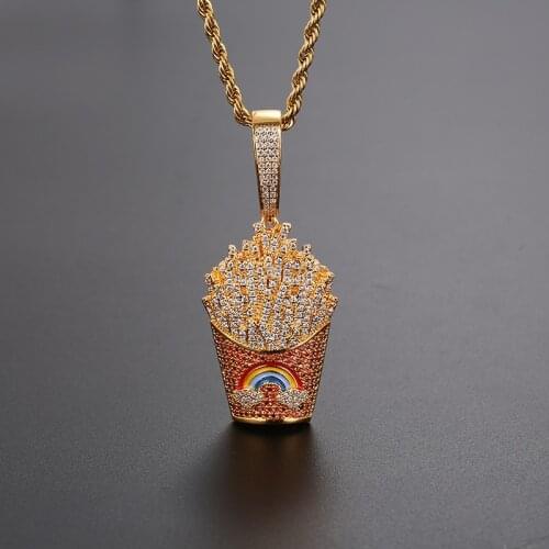 New Cubic Zircon French Fries Pendant With Stainless Steel Chain Necklace Fashion Hip Hop Chips Jewelry Gift